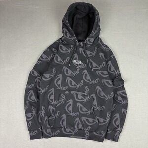 Y2K Vintage No Fear All Over Print Hoodie Mens Medium Skater Grunge Emo Black